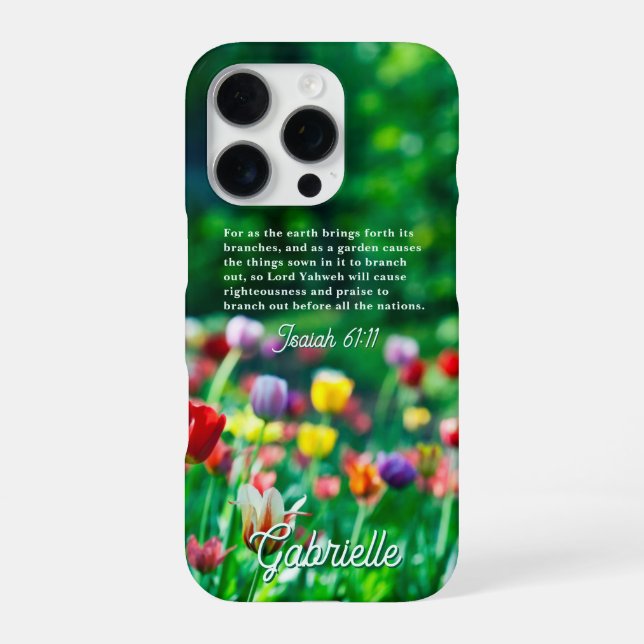 Coque iPhone Verset biblique du jardin de tulipes (Verso)
