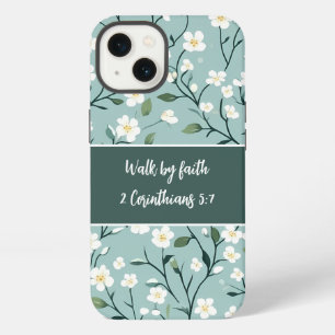 Etui iPhone 13 Verset biblique floral « Marcher par la foi »
