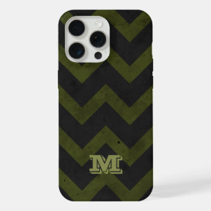 Coque iPhone 15 Pro Max Vert armée gris foncé vintage chevron Monogramme