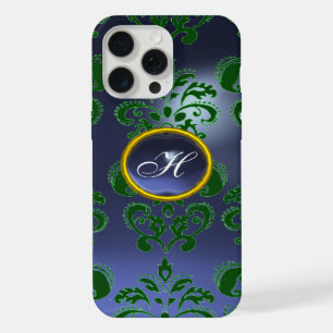 Coque iPhone 15 Pro Max VERT BLEU DAMAS GEMME MONOGRAMME Floral