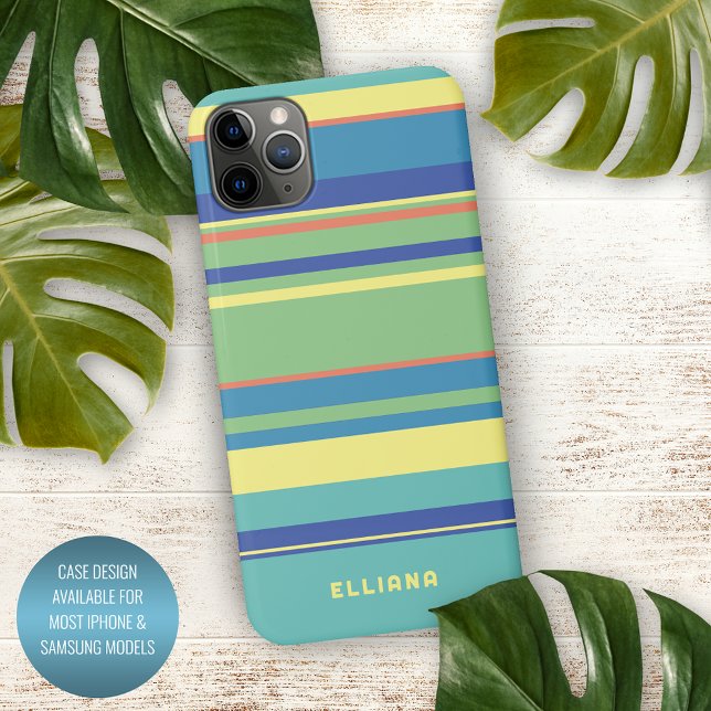 Coque iPhone Vert Citron Bleu Foncé Orange Jaune d'Été Rayures (Créateur téléchargé)