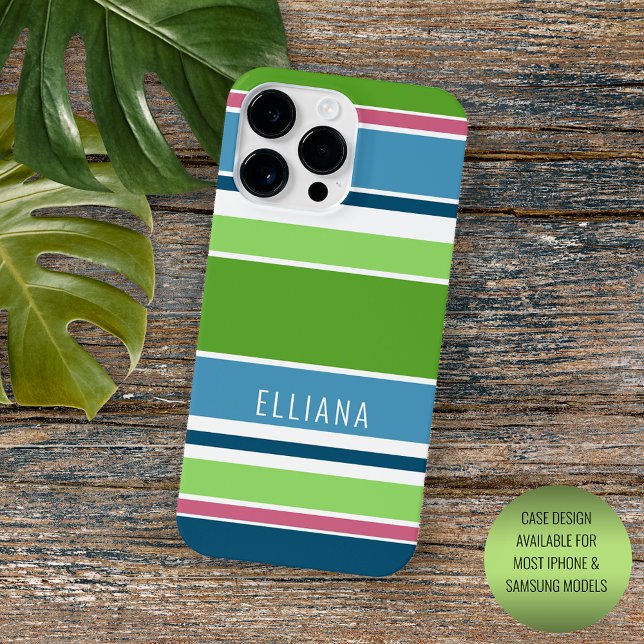 Coque iPhone Vert Citron Sarcelle Bleue Rose Chaud Blanc Rayé (Créateur téléchargé)
