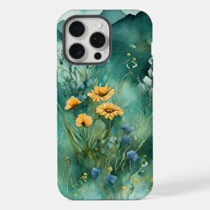 Coque iPhone 15 Pro Max Vert doux paysage aquarelle fleurs sauvages