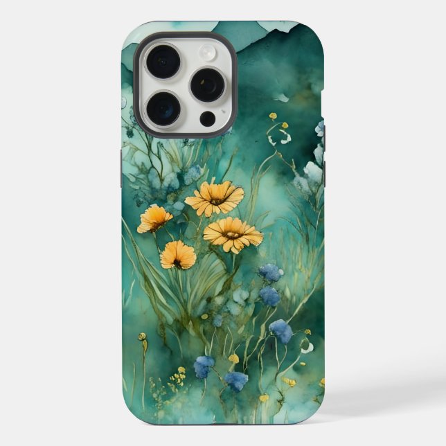 Coque iPhone Vert doux paysage aquarelle fleurs sauvages (Verso)