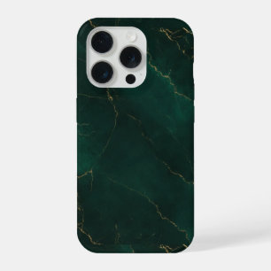 Coque iPhone 15 Pro Vert émeraude et texture de marbre doré Luxe