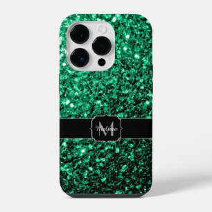 Coque Pour iPhone 14 Plus Vert émeraude faux paillettes scintillent Monogram
