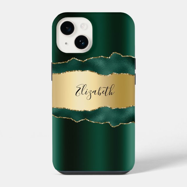 Coque iPhone Vert émeraude or agate nom écriture (Verso)