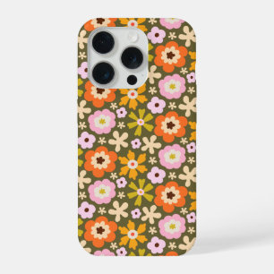 Coque iPhone 15 Pro Vert olive rétro Fleur abstraite pleine floraison
