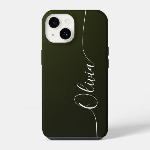 Coque Pour iPhone 14 Vert Pailleté Élégante Calligraphie Script Nom