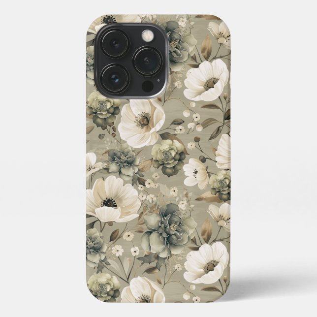 Coque iPhone Vert Sage Et Floral Crème (Verso)