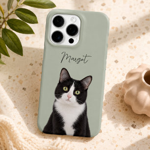 Coque iPhone 16 Pro Vert sauge Moderne Photo de chat et nom de l'anima