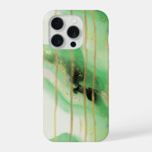 Coque iPhone 15 Pro Vert sauge or abstrait rayé