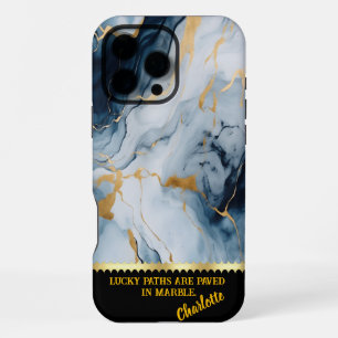 Coque iPhone 16 Pro Max Verticailles bleu et or en marbre