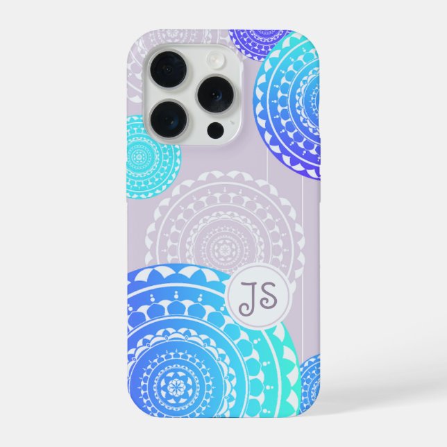 Coque iPhone Vibrant Aqua Blue Random Mandala sur Monogramme ro (Verso)