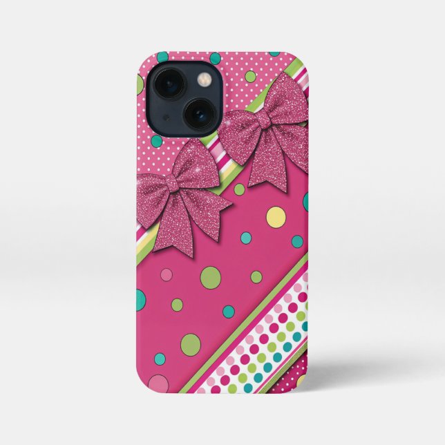 Coque iPhone Vibrant Hot Pink Green Stripes Polka Dots Glitter  (Verso)
