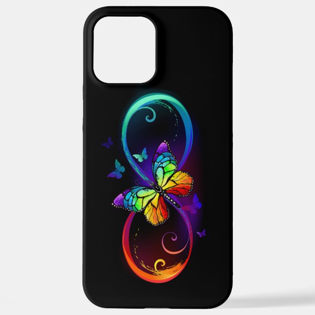 Coque iPhone Vibrant infinity with rainbow butterfly on black (Verso)