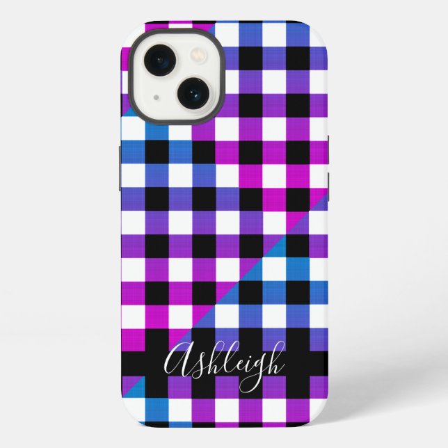 Coque iPhone Vichy à carreaux à motif écossais Nom manuscrit Vi (Verso)