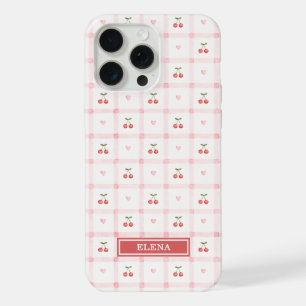 Coque iPhone 15 Pro Max Vichy rouge avec cerises et noeuds monogrammé