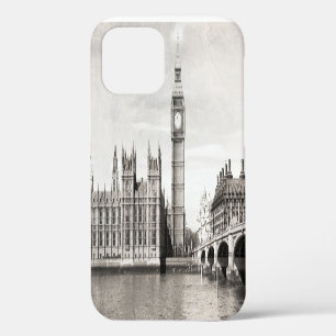 Coque iPhone 12 Vieux Londres, noir et blanc.