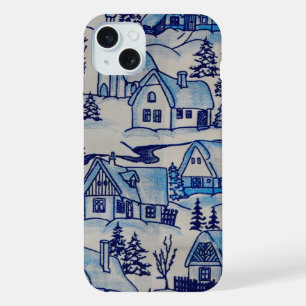 Coque iPhone 15 Plus Village de Noël vintage bleu férié