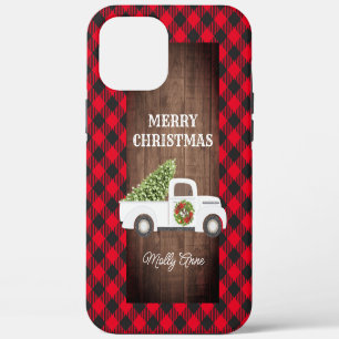 Coque iPhone 12 Pro Max Vintage blanc Arbre de Noël Camion Russe Plaid