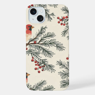 Coque iPhone 15 Plus Vintage Cardinal Rouge Crème de Baie de Pin de Noë