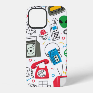 Coque iPhone 12 Vintage doodle des années 80 90 avec boom box, tél