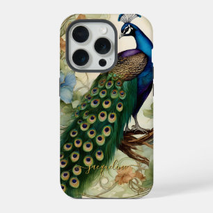 Coque iPhone 15 Pro Vintage Elégant Peacock Feathers Art Nouveau Nom