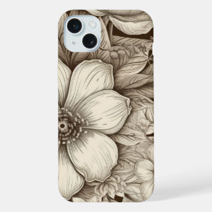 Coque iPhone 15 Plus Vintage Floral Sepia Motif (4)