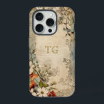 Coque iPhone 15 Pro Vintage Grunge Artisan Monogramme Botanique<br><div class="desc">Artistic vintage style écarlate,  fleurs blanches et bleues poussiéreuses avec sauge et feuillage brun sur parchemin artisan en détresse avec champ de texte optionnel pour votre nom ou monogramme.</div>