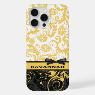 Coque iPhone 15 Pro Max Vintage jaune blanc et noir Damas