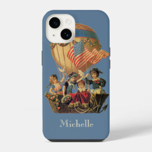 Coque Pour iPhone 14 Vintage patriotique, enfants dans une montgolfière