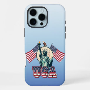 Coque iPhone 16 Pro Max Vintage, Statue de la Liberté, drapeau & aigle