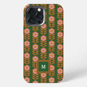Etui iPhone 13 Pro Max Vintages floraux, rose sur vert rétro