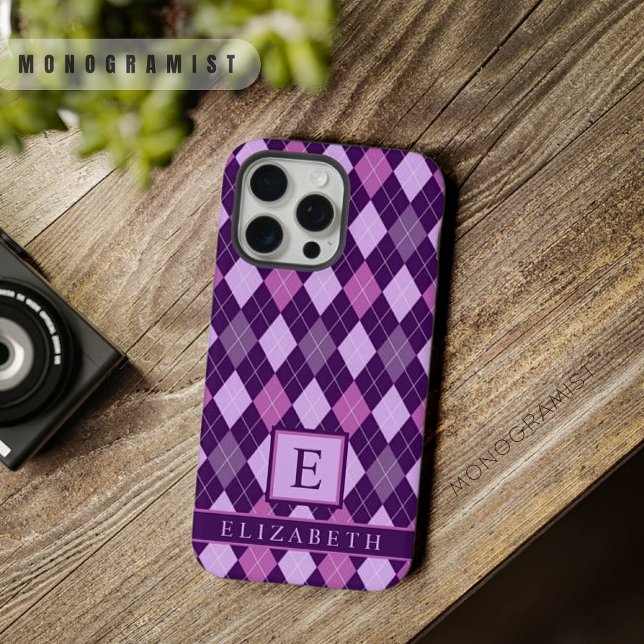 Coque iPhone Violet foncé rose violet clair personnalisable Arg (Customizable Light Purple Dark Violet Pink Argyle iPhone Case)