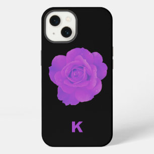 Etui iPhone 13 Violet Pourpre Foncé Floral Rose Monogramme Élégan
