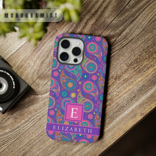 Coque iPhone 15 Pro Max Violet Violet Bleu Rose Paisley Personnalisable