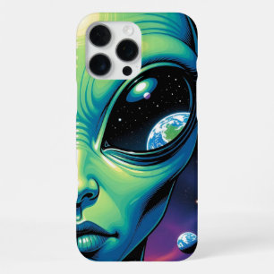 Coque iPhone 16 Pro Max Visage Alien avec reflets de planètes dans les yeu