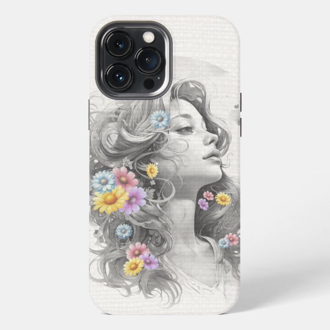 Coque iPhone Visage de Femme Avec Effet Texturé de Fleurs (Verso)