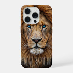 Coque iPhone 15 Pro Visage de lion majestueux aux yeux bleus Faune A