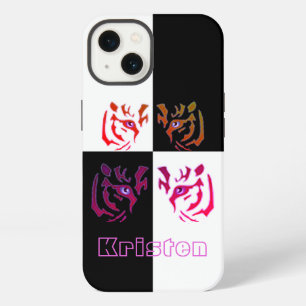 Etui iPhone 13 Visage de Tigre Damier Noir & Blanc