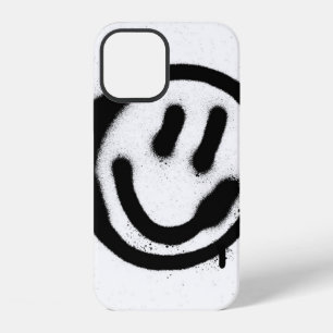 Coque iPhone 12 visage souriant graffiti émoticône en noir sur bla
