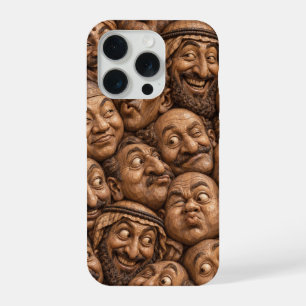 Coque iPhone 15 Pro Visages en bois sculpté de style vintage - Art à m