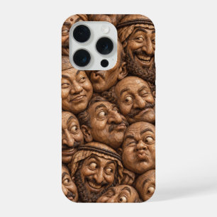 Coque iPhone 15 Pro Visages en Bois Sculpté Motif Bohème Vintage