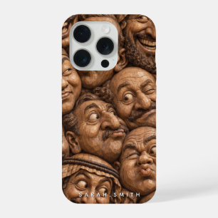 Coque iPhone 15 Pro Visages en Bois Sculpté Motif Bohème Vintage