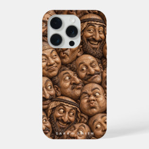 Coque iPhone 15 Pro Visages en Bois Sculpté Motif Bohème Vintage