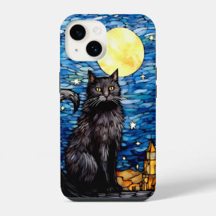 Coque Pour iPhone 14 Vitrail Chat Noir Nuit Étoilée