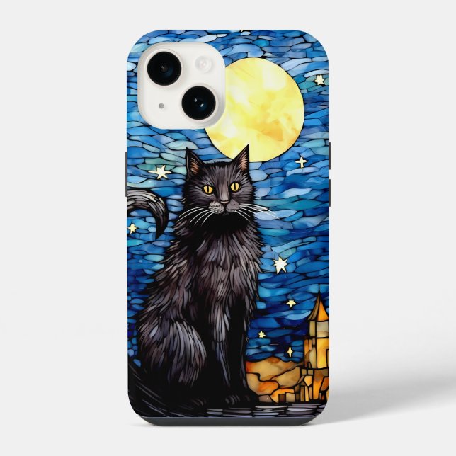 Coque iPhone Vitrail Chat Noir Nuit Étoilée (Verso)