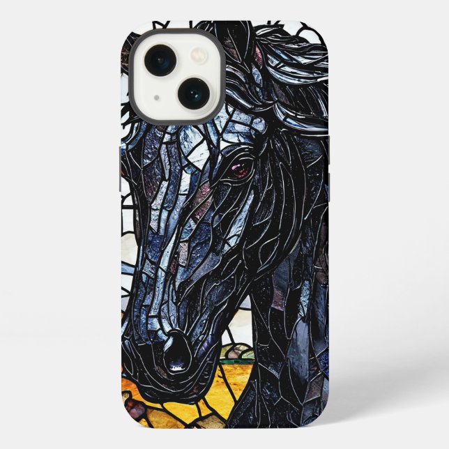 Coque iPhone Vitrail Cheval Noir Élégance (Verso)