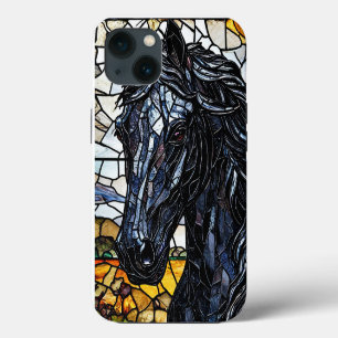 Etui iPhone 13 Vitrail Cheval Noir Élégance